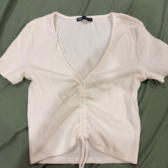 Zara Tops - ZARA Cream Ruched V-Neck Crop Top